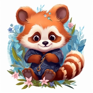 red panda, cute appearance, docile character, big eyes, round ears, flat face, thick tail, vivid, funny, eating. --v 5. 1