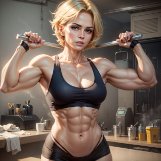 middle-aged strong woman with muscles in a workout tank top and bandage-wrapped left arm, beautiful sexy middle-aged woman photo, gorgeous model, short blonde pixie haircut, realistic, beautiful blonde middle-aged woman, photorealistic perfect body, sexy middle-aged woman, realistic shaded perfect body,  middle-aged woman, karol bak uhd, muscles, abs --auto --s2