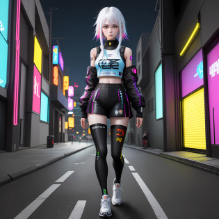 8k day manga style, EVA tights, long white hair, rainbow color pick dye, 18 years old short hair girl, front, cyberpunk 2077