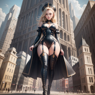 Woman with a toned figure?One man only?a mature female?Queen temperament?tmasterpiece?best qualityer?Hyper-detailing?Fine and detailed eyes and detailed face?As tall as a building?People are as tall as shoes?looks down on a viewer? garments?Tall and tall?The blonde?Wearing all black leather?Lipstick and boots with a touch of blue?Expose the boots? allure??Tall?1.4??haughty?Cold??big assa?1.4???Thick thighs?1.4??Majesty