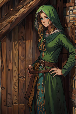 Uma bela mulher com olhos verdes e cabelos castanhos com roupas de cozinheira expressiva um olhar triste. A background with a dramatic wooden wall An art for an RPG A medieval art for an RPG