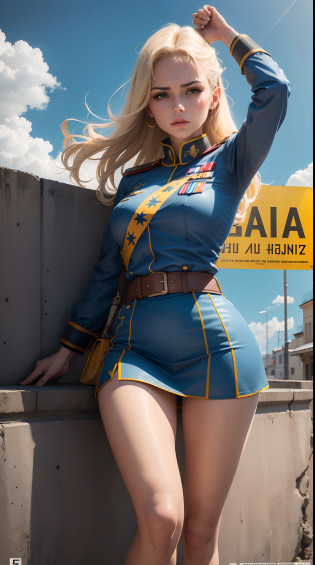 Ukraine Poster?Ukraine Cartel?Bandera Ukrania en el fondo?Ukraine Cartel?Ukraine Cartel?October Revolution???CCCP Poster?USSR Cartel???Blonde mature girl 1 raises clenched fist in the air?She is stunningly beautiful and seductively beautiful with a perfect body.... Desnudez en sus pechos. Ella tiene unos pechos grandes, Cartel promocional?poster for?Bandera Ukrania en postes?Blue sky with fighter jet flying in the background?uniforme escolar?1girll?Poster design?Estilo de arte del cartel?1980s?1950s?1960s?1970s?basic colour scheme?arte en color?tricotom�a?inspiracional?Shogun?oficial militar?Mujer?1 chica madura?cabello revoloteando en el viento?Manos en alto?Revoluciones?Point your finger?fondo cuadrado amarillo y azul real?pierna delgada?