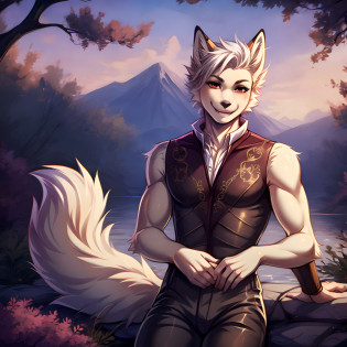Astarion, a tan furry fox boy, fangs, red eyes, cute snout, fox tail, wearing elegant clothing, outside, smiling, by fumiko, by hyattlen,