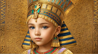 GIRL BLONDE CHILD WITH SHORT HAIR, A PORTRAIT, of a bust of a mENINA BLONDE CHILD IN BRAIDS wearing a hat, wearing an Egyptian crown, Nefertiti, ancient egyptian, egyptian, egyptian makeup, precise for egyptian tradition, egyptian art, egyptian makeup, beautiful and huge head ornaments, ancient egyptian art, ancient egyptian art, ancient egypt, beautiful cleopatra,  Egyptian princess, ancient Libu princess