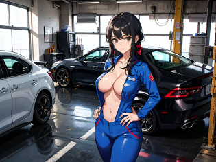 1girll,Solo,Zero, Slender, big breasts beautiful, Young, Little woman, Coveralls,a repairman,tightsuit, navel,cleavage,Large breasts,The Car,Garage,Garage