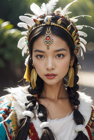 at winter season?Fleece??Red Merlin?snow cover?snowflower?Oyuki???messy  hair?Rough skin??Cold girl?Keep one's mouth shut?bshoulders?gold mask?Indian religious ceremonies?Brown skin wears a feather headdress? wearing crown of bright feathers, girl with feathers, Beautiful young woman shaman,Painted surface, ?she is dressed in shaman clothes, coarse cloth?High-necked undershirt?feathered headdress?,?Skull decoration??ornate headdress, head gear, Painted surface.dark tanned skin,?Wear coarse cloth clothes -