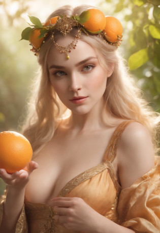 (ultra high res,best quality), (8k, best quality, masterpiece), ((nsfw)),best quality, masterpiece, illustration,CG ,unity ,wallpaper, official art, Amazing, finely detail, an extremely delicate and beautiful,extremely detailed, highly detailed, sharp focus,rich background,blurry background, ((small breasts)) With robes that shimmer like citrus fruit, this enchantress wields the power of oranges, lemons, and limes. Her staff is topped with a glowing orb that changes color, resembling the shifting shades of a sunset over an orchard. Her hair is styled in intricate braids adorned with citrus slices, and her eyes have a sparkling vibrancy like freshly squeezed juice.