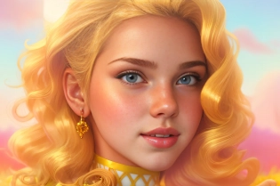 Whimsy, 4K, photo shot from a low angle, close-up portrait, highly-detailed, girl lying on her side with one hand resting on her cheek, dressed in a flowing pastel-colored dress, dreamy and contemplative expression, curly golden hair, [Emma Watson| Zendaya], set against a whimsical, surreal landscape with bold, vivid colors and patterns, highlighted with soft, warm lighting