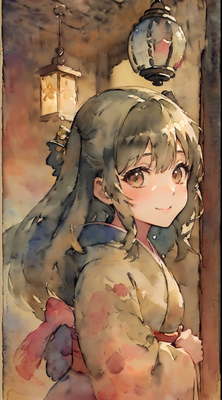 ?(8k�wallpaper:1.5)?(high-level image quality:1.3)?(animesque, watercolor paiting:1.8)?(girl with????cute little:1.8)?(beatiful detailed eyes:1.5 )?(Smile:1.5)?(Kimono:1.5)?(veranda?wind chime:1.3)?(sepia, gradients:1.5)?