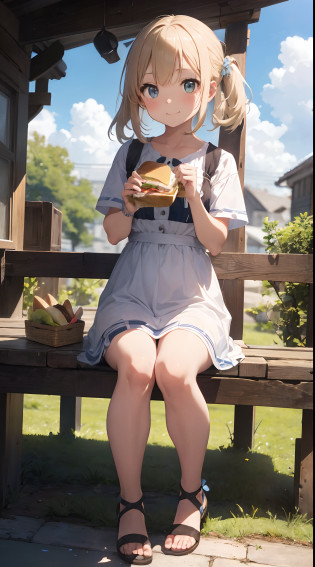 sandwich?Bread with white bread?Ingredients are ham, cheese, lettuce and tomatoes?It is topped with mayonnaise and mustard?The sandwich is cut and?Cross-section is visible?The sandwich is on the plate.?Served with napkins, forks and knives? girl with?Her hair is blonde and long.?Braided?The face is round and cute?Clothes in white and blue dresses?Has a floral pattern?Shoes in white sandals?Ribbons are attached to the ankles?The girl is sitting?I have a sandwich in my hand.?Eating happily? scene?There is a beautiful scene floating in the background.?Blue sky, white clouds, green meadow and colorful flowers?The scene is softly painted like a watercolor painting.?It has a dreamy atmosphere?The scene expresses the imagination and sensibility of the girl?Pubic hair shows through?(Beautiful bare pubic hair) ,more_Details:1.5, (More and more_Details:1.9)?