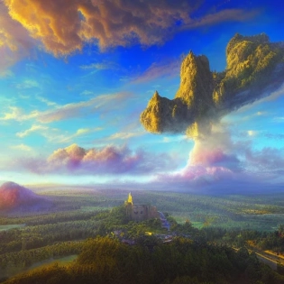 Giant flying island in the sky, a towering castle on the island, colourful clouds, dawn utopia landscape meadow, a beam of light ascending from the clouds into the town centre, mountain, perfect view, hd, ultra intricate, golden hour view scenery, ultra realistic, god ray, ray tracing, composite vista photograph vista photograph?cinematic lighting, digital painting, fantasy, masterpiece