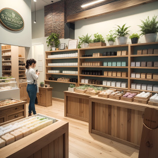 Certainly! Here's a description of a modern and spacious handmade soap shop:

The handmade soap shop is designed with a modern aesthetic, incorporating the calming colors of nature. The interior features wooden floors, which add warmth and a natural touch to the space. The lighting is provided by high-resolution LED lights, strategically placed to create a bright and inviting atmosphere.

Upon entering the shop, customers are greeted by a stylish reception area. The reception desk is made of natural wood, complementing the overall design theme. The walls are adorned with beautiful nature-inspired artwork, showcasing the essence of handmade soaps.

Towards the back of the shop, there is a designated workshop area. This area is well-equipped with a large worktable, where skilled artisans create their handmade soaps. Shelves are filled with various raw materials, such as essential oils, herbs, and botanical extracts, providing a glimpse into the soap-making process.

Adjacent to the workshop, there is a showcase area. It displays an array of beautifully crafted soaps, enticing customers with their vibrant colors, intricate patterns, and appealing scents. The showcase is thoughtfully arranged to showcase the different varieties and fragrance options available.

Throughout the shop, there are carefully placed plants and greenery, bringing a touch of nature indoors. The scent of essential oils lingers in the air, creating a refreshing and relaxing environment for customers to explore and enjoy.

This description provides a visual representation of a modern and spacious handmade soap shop. With these details in mind, you can work with a designer or use visualization tools to bring this concept to life. --auto --s2