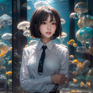 (Background, There are many colorful jellyfish in the aquarium aquarium):1.5, (Standing in front of the aquarium located behind), (high shadows detail), (short hair, dark brown hair),  best quality, masterpiece, ultra high res, (photorealistic:1.3), RAW photo, (1woman:1.3, solo), (asian girl, ultra delicate face, ultra delicate eyes, ultra detailed nose, ultra detailed mouth, ultra detailed facial features), BREAK (white  shirt, Black pencil skirt), (medium breast:1.3), from the front side, (shiny skin),  (Sony ?7, 85mm Lens, f9.0, pan focus)