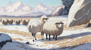 nice and warm meadow on a winter day with snow, a flock of white-faced sheep grazing next to a large rock seen behind the flock, anime style