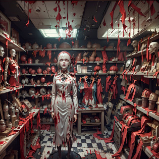 Paper Cuttings style? (((Inside the bloody parts store)))The shelves are full of horror, blood vessel, sci-fy ,(crowed:1.2),[Creepy mannequins], [Horrible amputation], [Bloody tools], [Rotting organs], [Terrible surgical instruments], [Disturbing dissection table], [Eerily dim lighting], [Sinister atmosphere][Creepy sculpture], [Disturbing mural], [Horror movie props], [Creepy doll head], [Haunting reflection], [Creepy shadows], [Morbid curiosity], [Creepy glass jars], [Ominous background music], [Creepy costumes], [Distorted mirror], [Menacing mannequin eyes], [Spooky abandoned aisles], [Bloody floor], [Haunted whispers], [Psychotic salesman], [Creepy window display], [Scary realistic mannequin limbs], [The screams echoed in the distance], [sinister expressions], [Strange mannequin face], [Grinding chains], [eerie fog], [The Mad Scientist Lab resonates], [Bloodstained price tag], [creepy atmosphera]