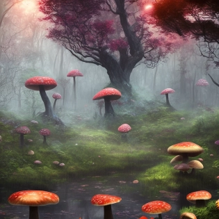 a misty swamp with many colorful giant mushrooms, at night, (many trees), beautiful lighting, fantasy colors, (vivid colors), highly detailed, octane render, 4k, trending on artstation, deviantart featured