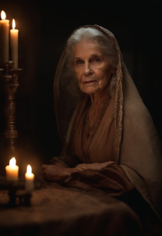 filme de terror, Cursed Old Woman, bruxa, cheia de rugas e cortes no rosto, na casa dos 90 anos, fundo de uma cozinha escura, olhos todos pretos, Roupas escuras, Rasgado, candle in hand, virado para a frente, detalhado no rosto,Realistic image,cabelos grisalhos,corvo