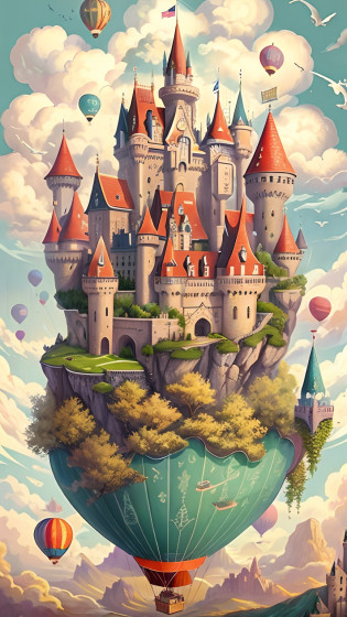 KIDS ILLUSTRATION?There is a castle floating in the air on the hot air balloon, flying cloud castle,Flying castle in the wind, Fantasy castle, castles floating in mid air, palace floating in the sky, castle in the sky style, an immense floating castle, Castle in the sky, high fantasy castle, Magical castle, Many hot air balloons?Below is the sea?fantasticcolors?Fantasy art Behance, huge castle, Cute detailed digital art, futuristic castle