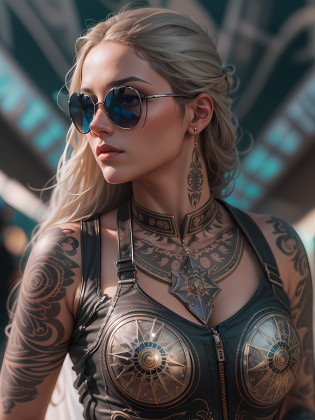 A very realistic and very detailed picture of a beautiful German woman wearing sunglasses in the future city of Berlin , The outfit engraved with German shield plates , long��hair, Hand and body tattoos, Fashion pose, Beautiful hazel eyes symmetrical detailed, detailed gorgeous face, Advanced German Environment , Integration of German civilization with futuristic nanotechnology , outstanding detail, 30 MP, 4k, ?????? ????? EOS 5D Mark IV ??????? SLR, 85mm lens, sharp focus, intricately detailed, Long exposure time, f/8, ISO 100, shutter speed 1/125, Diffused backlight, ((award winning photograph)) , facing camera, looking into the camera, Monovision, Perfect contrast, high sharpness, facial symmetry, Depth-of-field, ultra-detailed photography, Raitsar, global illumination, Tanvertamim, downy, Ultra-High Definition, 8k, unreal engine 5, Ultra-sharp focus, award-winning photograph, trending on Artstation
