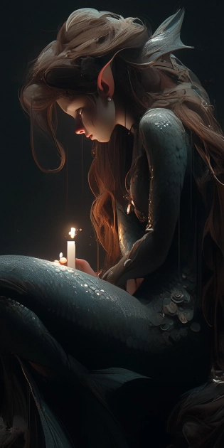 twilight star mermaid on dark sea, in the style of concept art, realistic brushwork, Damned Shelma, capturing the essence of this iconic character, hyper realistic and hyper detailed, stunning composition, hyper emotional, epic cinematic lighting, 32k UHD resolution, shot on Hasselblad H6D 400c Multi shot, Mitakon Speedmaster 65mm f 1. 4 XCD