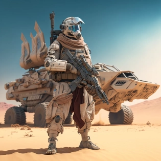 character, futuristic post-apocolyptic desert security force, peacekeeper, open desert, wide angle, forged armor, futuristic weapon, energy rifle, cinematic, HDR, 8k, --v 4 --q 2