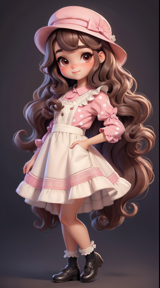Create a series of chibi cute baby style dolls with a cute vintage chic theme, each with lots of detail and in an 8K resolution. All dolls should follow the same solid background pattern and be complete in the image, mostrando o (corpo inteiro, incluindo as pernas: 1.5)

Boneca Aprendiz de Bruxa: Chame-a de Mia. She must have medium wavy brown hair. Seus olhos devem ser grandes e curiosos, with long eyelashes and slightly pinkish cheeks. Mia should be dressed in a delicate dress and a polka-dot blouse and a delicate and beautiful hat. She should hold delicate and thin accessories. Add details like pockets and ruffles to the apron to make it even more charming, sapato bonito

Certifique-se de adicionar sombras, texturas e detalhes nos cabelos, roupas, Beautiful utensils, to make them even more adorable and charming.