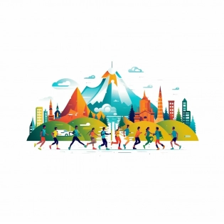 tourism illustration running, many colors, white background, Tourism illustration, simple shape, flat design, minimalist style chao100 fresh --s 750