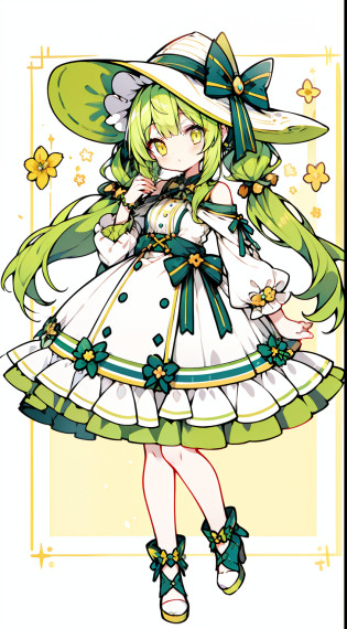 full body Esbian?Standing picture?One girl??masterpiece?top-quality?Top image quality?Yellow-green hair?yellow  eyes?Twin-tailed?low twintails?summer hat?a wide-brimmed hat?summer  dress?White summer dress?ren?Summer background