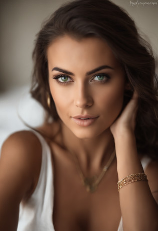 Arafed woman with a white tank top and necklace, fille sexy aux yeux verts, Portrait la sirena 69, cheveux bruns et grands yeux, selfie of a young woman, Yeux de chambre, , sans maquillage, maquillage naturel, looking straight at camera, , Maquillage subtil, Superbe photo du corps entier, piercing green eyes\avec des formes