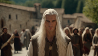 photo of a man about 19 years old, natural white long hair, walkin throught the italian village, with many people watching him, ultra sharp focus, photo realistic, medieval men's clothing, tetrahedral colors (scar:1,4)