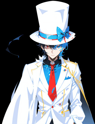 anime character dressed in white suit and red tie with blue bow, 2 d anime style, 2 d anime, tall anime guy with blue eyes, persona 5 phantom thief style, 2 d art, 2d art, shigenori soejima illustration, yu - no, male anime character, he is wearing a top hat, persona art style, zerochan, zerochan art