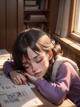 Transform the whimsical world of Among Us into a realistic 3D rendering, depicting a purple crewmate peacefully sleeping on a study table. Show the adorable character curled up, with gentle shadows and intricate details bringing it to life, while capturing the quiet and serene atmosphere of the study space.