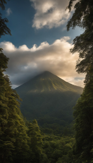 Alafid view of a mountain of trees and a cloud, Made up of trees and a valley of fantasy, Stunning landscape images, National Geographic, Indonesia, Eric Pevernagy, The trend is 5 0 0 pixels, The trend is 500 pixels, Complex and epic composition, Volcanic landscape, Author: Patrick Cheng, Mark Adamus, lpoty, Glamorous and otherworldly, chiaroscuro, cinematic lighting, sparkle, ray tracing, chromatic aberration abuse, Fujicolor, f/1.2, f/16, 135mm, Hasselblad, Sony FE GM, UHD, retina, masterpiece, ccurate, anatomically correct, high quality, high details, super detail, award winning, best quality, highres, 8k