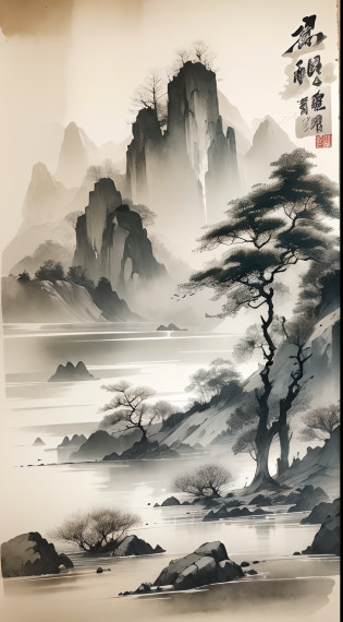 ink and watercolor painting?Draw on rice paper?Use thick and light ink to create light and dark variations and layers?Pick the right ink color?Such as deep black?Thick gray?Light coffee, etc?to express different situations and atmospheres?Control the gradient and transition of ink color by the humidity and consistency of the ink?mont?Eau?the trees?Lake surface?Small broken boat?Bleak, Desolate, Solitude?Black and white tones?dead tree? Traditional Chinese Ink Painting, Traditional Chinese art, author?Guo Xi, author?Ma Yuanyu, Traditional Chinese painting, author?Xu Xi, author?Luo Mu, author?Yang Buzhi, author?Li Kelan, author?Gu An, Ink painting ) ) ) ), Chinese ink painting, Chinese painting style