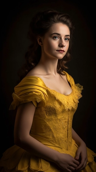 Portrait of princess belle, yellow dress, Exquisite detail, 30-megapixel, 4k, 85-mm-lens, sharp-focus, f:8, ISO 100, shutter-speed 1:125, diffuse-back-lighting, award-winning photograph, small-catchlight, High-sharpness, facial-symmetry, 8k --q 2 --ar 18:32 --v 5