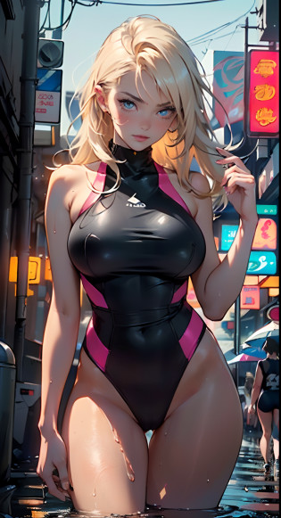 girls swimmers, 2 girls, 2 girls, two girls, multiple girls: 1.5, ((girls, twins with extremely cute and beautiful blonde)), (((twins,equal girls, identic girls,lesbian,lesbians,yuri,kiss,hugs))),

(large breasts:1.4),saggy breasts,(((very light blonde hair:1.35,straight hair,long hair:1.4,colored inner hair,ear breathing))),((heterochromia:1.5,eye1 blue,eye2 green,perfect eyes,upturned eyes:1.3,beautiful detailed eyes,finely detailed beautiful eyes:1,big highlight on eyes:1.2)),((fat)),(((lustrous skin:1.5,bright skin: 1.5,skin tanned,shiny skin,very shiny skin,shiny body,plastic glitter skin,exaggerated shiny skin,illuminated,skin, wet legs))),(spider lower abdomen,narrow waist,wide hip,athletic body,inflated legs,delicate detailed fingers,detailed body,human hands,(detailed face)),

cute,slutty,seductive,erotic,(((nsfw))),

((one-piece_swimsuit magenta,wearing a one-piece_swimsuit outfit:1.3,magenta swimsuit:1.3)),((wet clothes,detailed outfit,detailed clothes)),

(dynamic pose:1.0),embarrassed,(centered,scale to fit dimensions,Rule of thirds),

((((cyberpunk city by the ocean,huge buildings,neon signs,puddles)))),stormy sky,threatening sky,dark clouds,((synthwave background theme,detailed background : 1.25)),((((night,nice lighting decorations,detailed architecture)))),

(best quality,high resolution,sharp focus,ultra detailed,extremely detailed,extremely high quality artwork,(realistic,photorealistic:1.37),8k_wallpaper,(extremely detailed CG 8k),(very fine 8K CG),((hyper super ultra detailed perfect piece)),flawless,(((masterpiece))),illustration,vibrant colors,(intricate),High contrast,Selective lighting,Double exposure,HDR (High Dynamic Range),Post-processing,Background blur,