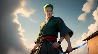 Roronoa Zoro (Masterpiece, 4k resolution, ultra-realistic, very detailed), (Theme of white samurai, charismatic, there is a swordsman next to a Japanese 