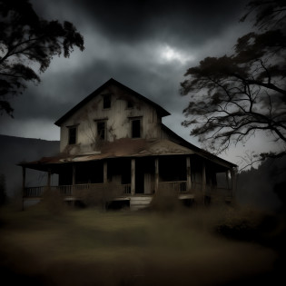 house with a porch and a porch on a hill, location of a dark old house, abandoned house, haunted house, very dark and abandoned, an old abandoned house, old abandoned house, ruined house, old house, haunting and frightening, an abandoned atmosphere, scary and scary, abandoned, scary and dramatic, the house in the forest, dark night, door ajar