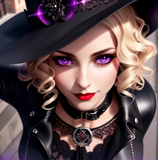 style_empire, (extremely detailed CG unity 8k wallpaper), (extreme close up:1. 5), (medium shot:1. 4), beautiful witch woman walking down street, (walking), (runway walk), ((tanned skin:1. 3)), ((e-girl blush)) short hair, ((blonde hair)), (black hair roots), ((ringlet hair:1. 3)), ((purple eyes:1. 2)), ((detailed symmetrical face)), (pretty face), Mascara, reflective eyes, makeup, ((smokey eyeshadow)), (red lipstick), (white sclera), fog, cute nose, (smile), (black witch hat), rim lighting, dramatic lighting, chiaroscuro, ((black witch skirt)), (intricate lace crop top), (long sleeves), (midriff), (belts), detailed ribs, navel, (stomach muscles), fitness girl, (fishnet dress), (black choker), (high heel ankle boots:1. 2), (thighs), ((legs)), ((gothic industrial city)), (purple sky), dark clouds, black stone walls, Lanterns, ((from above:1. 4)), (professional majestic impressionism oil painting by Waterhouse), John Constable, Ed Blinkey, Atey Ghailan, (Studio Ghibli), by Jeremy Mann, Greg Manchess, Antonio Moro, trending on ArtStation, trending on CGSociety, Intricate, High Detail, dramatic, trending on artstation, trending on CGsociety