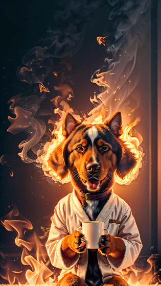 (anthropomorphic  dog:1.3) holding a coffee cup, sitting, in a robe, eating breakfast and holding a coffee cup, hat, particles, volumetric lighting,  livingroom burn down, ground and chair on fire, lots of gadgets and equipment, equipment is on fire, smoke, flames all around,