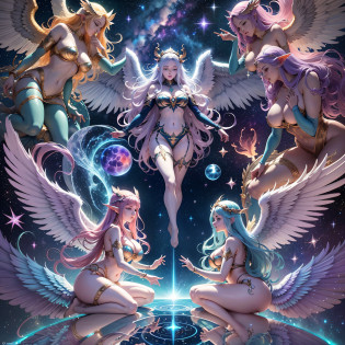 Mythical creatures, elf angels meditating in space, astral fairies, galactic gods, six-winged angels, celestial goddesses and plump goddesses with plump breasts, dancing beautiful fantasy anime, guardians of elemental life, under the reflection of the starry sky, epic artworks of fantasy anime fantasy worlds, is the only existence in the world --auto --s2
