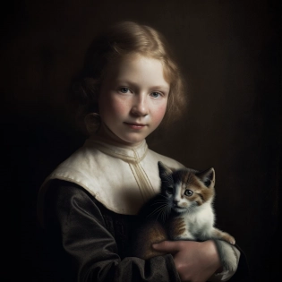 cute freckled young girl holding in her hand a kitty and painted like a rembrandt from 1665 soft light v5