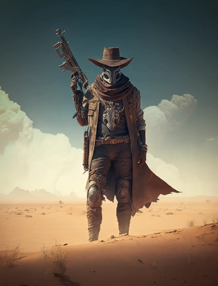 character cowboy, ranger, futuristic post-apocalyptic desert, open desert, wide angle, weapon, rifle, cinematic, HDR, 8k, --ar 3:4