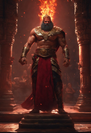 Ravan, king or srilanka ,a 52 years old man, proper eyes, proper hands, proper legs, moderate stature, has a big tail, Fire on the background, strongly built, broad-chested, narrow-waisted, and long-armed, one hand straignt pointing to something and a big blue dager in the other hand, in a dark kings chamber, dark background (Professional 3D rendering:1.3) by (Realistic:1.3) World's most beautiful art picture, Features soft, dark complexation male heroes , ((Epic Ravan the destroyer, fantasy rough muscular man wet hero angry look long hair, clean shaved, long face and fierce expression in ordering to start the war pose, wearing a deep red robe, inside a temple, burning fire lights in the background, dark dangerous environment)), full body 8k unit render, action shot, skin pores, very dark lighting, heavy shading, detailed, Detailed face, (vibrant, photorealistic, Realistic , Dramatic, Dark, sharp focus, 8k), (deep red and black with heavy jewelry r:1.4), (intricate:1.4), decayed, (highly detailed:1.4), painting digital, rendering by octane, art stations, Concept-Art, smooth, sharp focus, illustration, germ of art, (Loish:0.23), Wlop Ilya Kuvshinov, and Greg Rutkowski and Alphonse Mucha Gracias, (global illumination, studiolight, Light Volumetric ), heavy rain, floating particles, scoundrel, fantasy, Eleven, full bodyesbian, ((Dark jungle background:1.3)),CGSesociedade,art stations