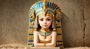 GIRL CHILD blonde with long hair, PORTRAIT of a bust of a mENINA CHILD wearing a hat, wearing an egyptian crown, Nefertiti, ancient egyptian, egipcian, Egyptian makeup, accurate to Egyptian tradition, Egyptian art, maquiagem do Egito, beautiful and huge head ornaments, ancient egyptian art, ancient egyptian art, Egito antigo, Beautiful Cleopatra, Egyptian Princess, princesa libu antiga
