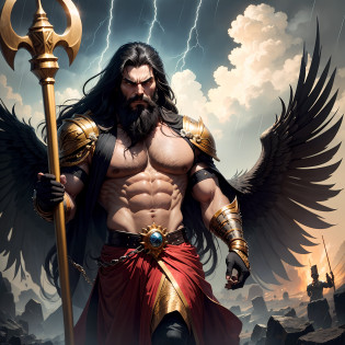 A man like Persian king Darius the Great, long black beard like Achaemenid Persian soldiers, very muscular body, long black hair, two big black wings, iron scepter in hand, angry and angry, like God, like Persian king Darius, his face like super villain , the weather is stormy and rainy, he looks at the sky, high quality --auto