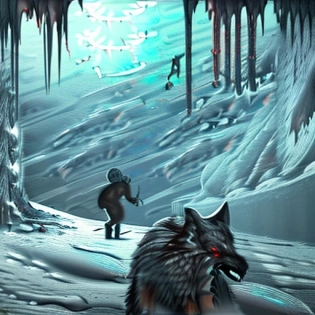 Starvation black monster wolves with red eyes, fight in the ice age Scenery, : concept art::1 cyberpunk::1 splatter paint::1 wide angle lens::2 Zdzislaw Beksinski style, and a little prince boy walks to the Shining Ethereum shape sun, in winter storm, ultra detailed| 4k --v 4