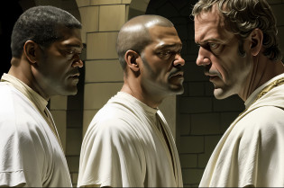 there are two people arguing, (((laurence fishburne))), (((Hugh Laurie))) , (((dressed in biblical times clothes))), black bald man, dressed in white, arguing with evil looking Hugh Laurie, (hugh laurie with white biblical clothes), (Hugh Laurie and laurence fishburne arguing), ((extreme closeup)), (close up)