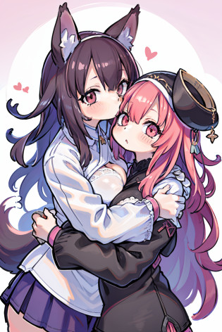 2girls?girl1?bbw?adolable?Black hair?Bob-cut hair?rcasual?Kisses and hugs?stare?NOWAI?foxes?Girl 2?adolable?A pink-haired?Long grey hair?rcasual?Kisses and hugs?stare?NOWAI?foxes