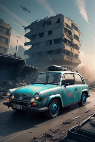 a futuristic version of classic trabant car, in destroyed apocalyptic city, simon stalenhag, sci-fi, realistic, intricate detail, 4k, highly saturated colors, (art by SEL-FOC:1. 1)